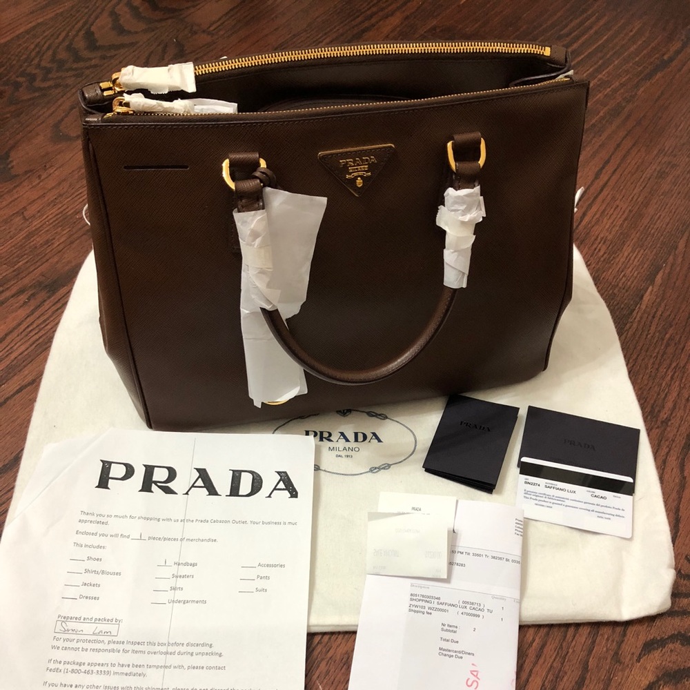 PRADA CACAO LEATHER SAFFIANO LUX DBL ZIP TOTE BAG